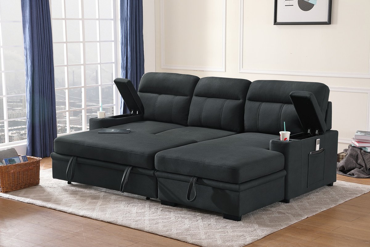 Kaden - Sleeper Sectional Sofa Chaise With Storage Arms And Cupholder - Black - Image 4