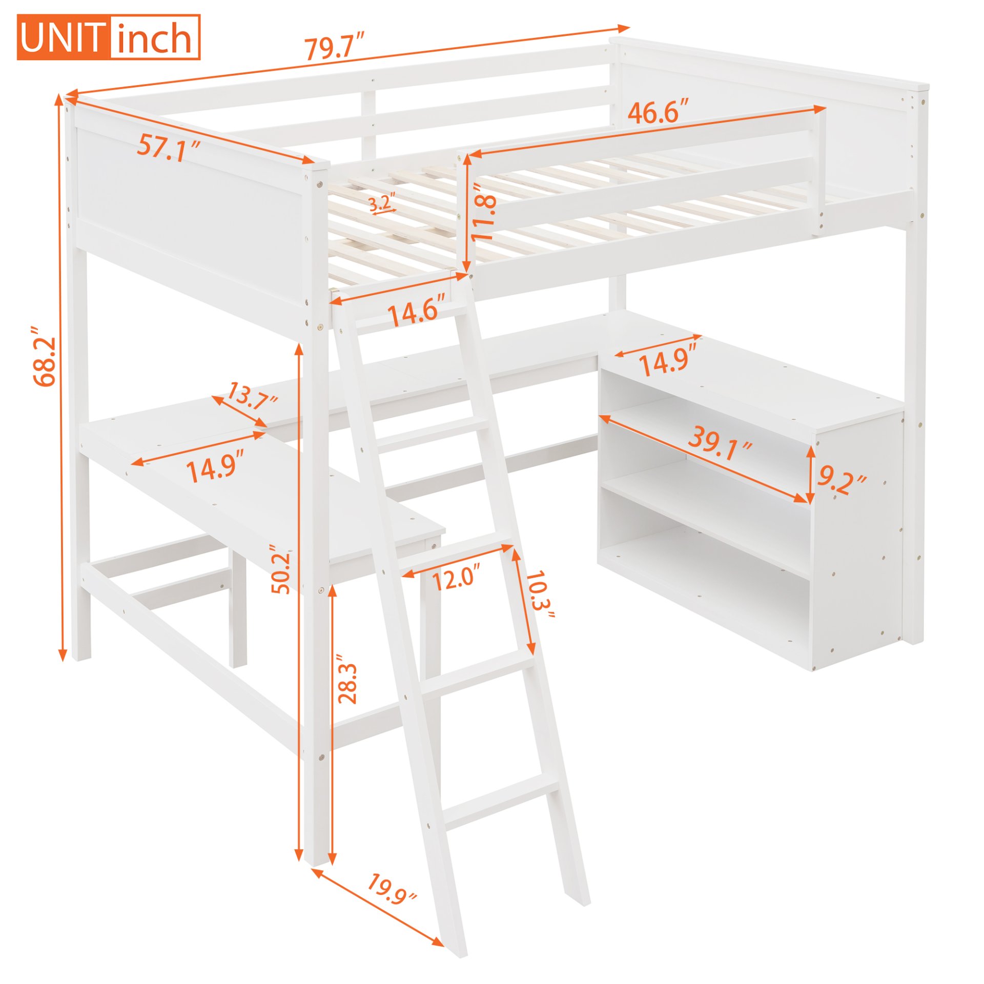 Full Size Loft Bed With Shelves With Desk - White - Image 12