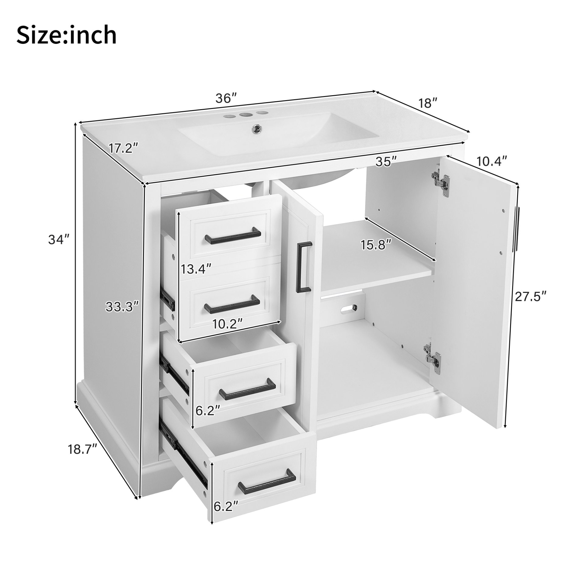 36" Bathroom Vanity With Sink, Soft Close Doors, Adjustable Shelf & 3 Drawers - White - Image 3