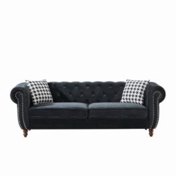 Chesterfield Velvet Upholstery Fabric Sofa With Roll Armrest & Nailhead, Mid Century Modern Couch - Black