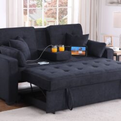 Cody II - Woven Fabric Convertible Sleeper Loveseat With Cup Holder, Charging Ports, Side Pocket, and Pocket Coil Seating - Dark Gray