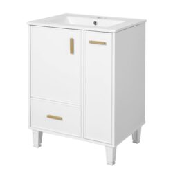 Solid Wood And 24" Bathroom Vanity With Sink, Deep Drawer, Door Shelf, 2 Tier Basket - White