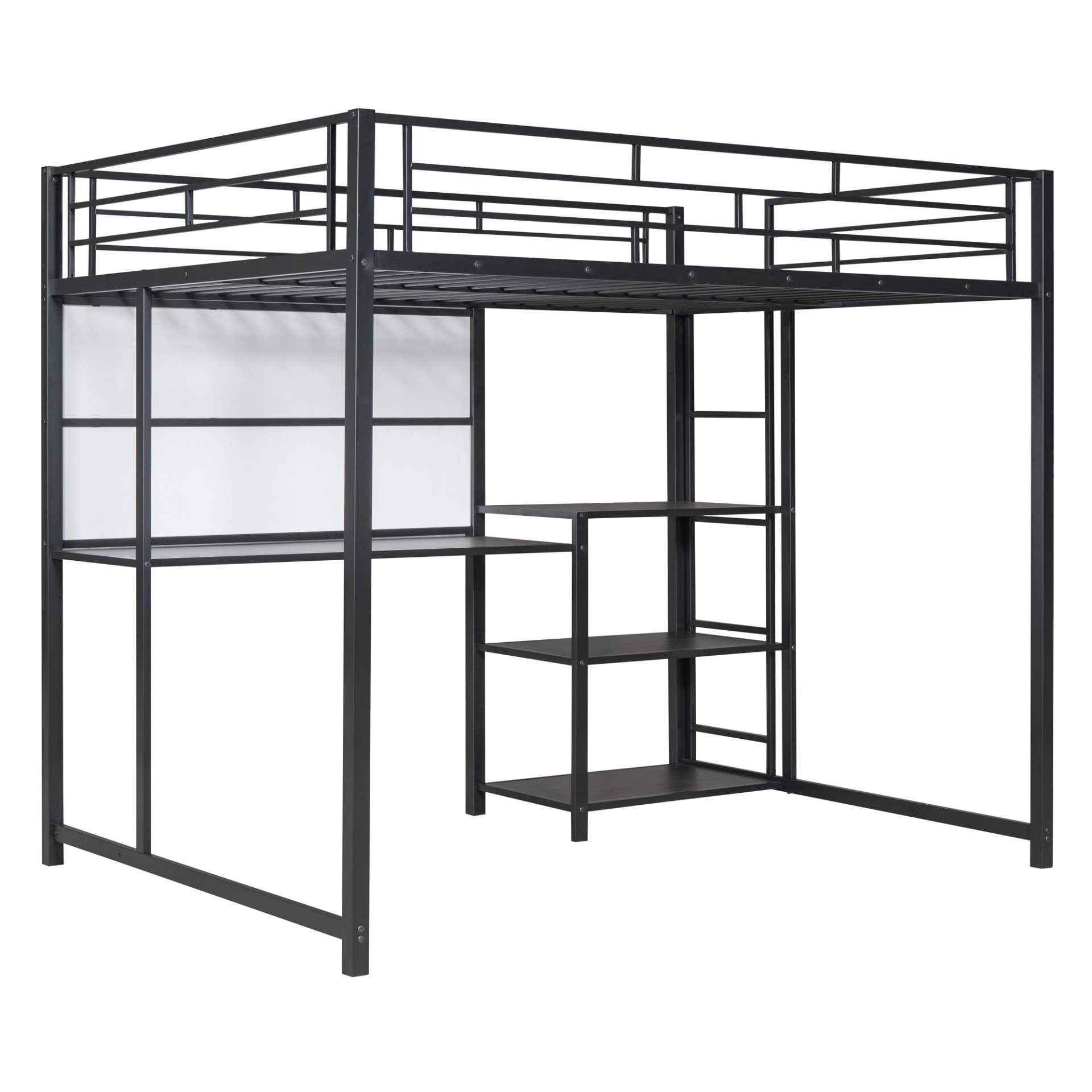 Full Size Loft Bed With Desk And Whiteboard, With 3 Shelves And Ladder - Black - Image 5
