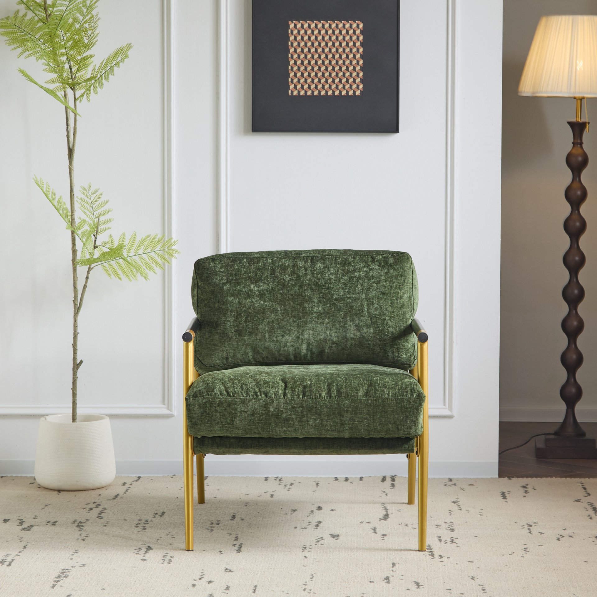 Modern Accent Chair With Plush Cushions, Minimalist Metal Frame, & Wooden Armrest Design - Gold / Green - Image 5