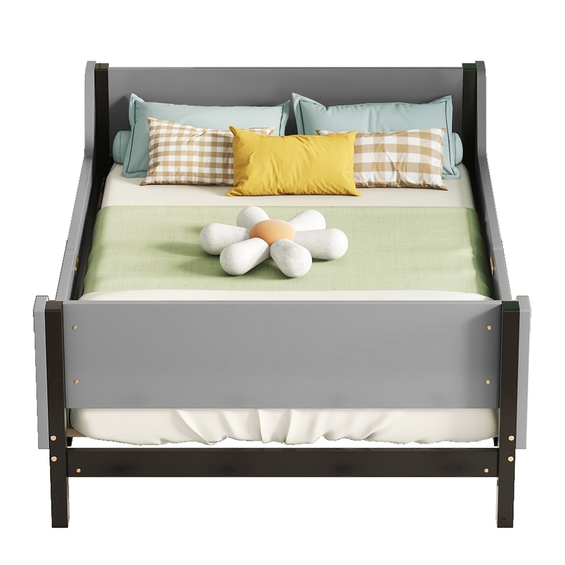 Twin Bed With Headboard, Footboard, Safeguards, Built-In Bed-End Book Storage Rack - Gray - Image 17