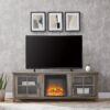Modern Farmhouse 2 Door Glass Windowpane 70" Fireplace TV Stand For 80" TVs - Gray Wash - Image 3