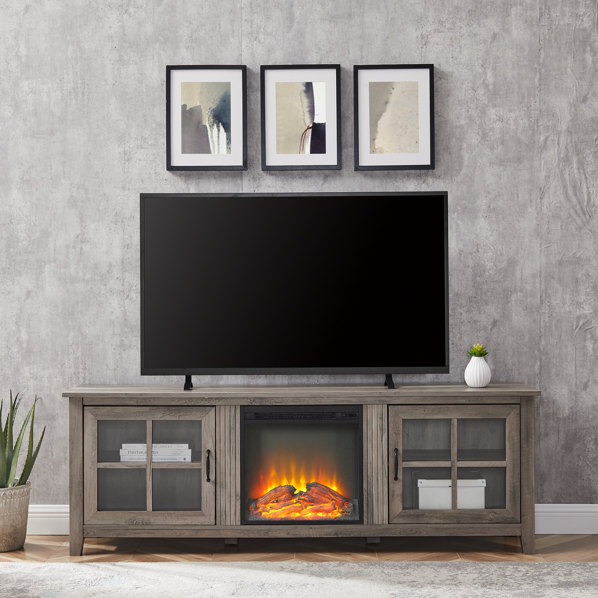 Modern Farmhouse 2 Door Glass Windowpane 70" Fireplace TV Stand For 80" TVs - Gray Wash - Image 3