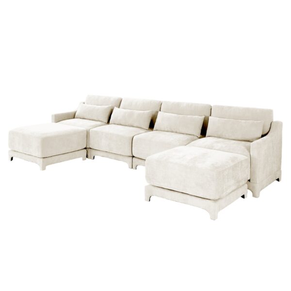 Elegant Four Seater Sofa With Movable Ottoman And Lumbar Pillow Frame Ergonomic Design - Beige