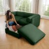 Modern Chenille 2 Seater Sofa With Ottoman Storage Cylindrical Backrest And Armrests - Green - Image 4