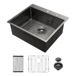 Drop In Kitchen Sink Topmount 16 Gauge Deep Single Bowl Stainless Steel Basin - Black / Gray