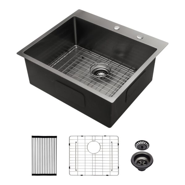 Drop In Kitchen Sink Topmount 16 Gauge Deep Single Bowl Stainless Steel Basin - Black / Gray