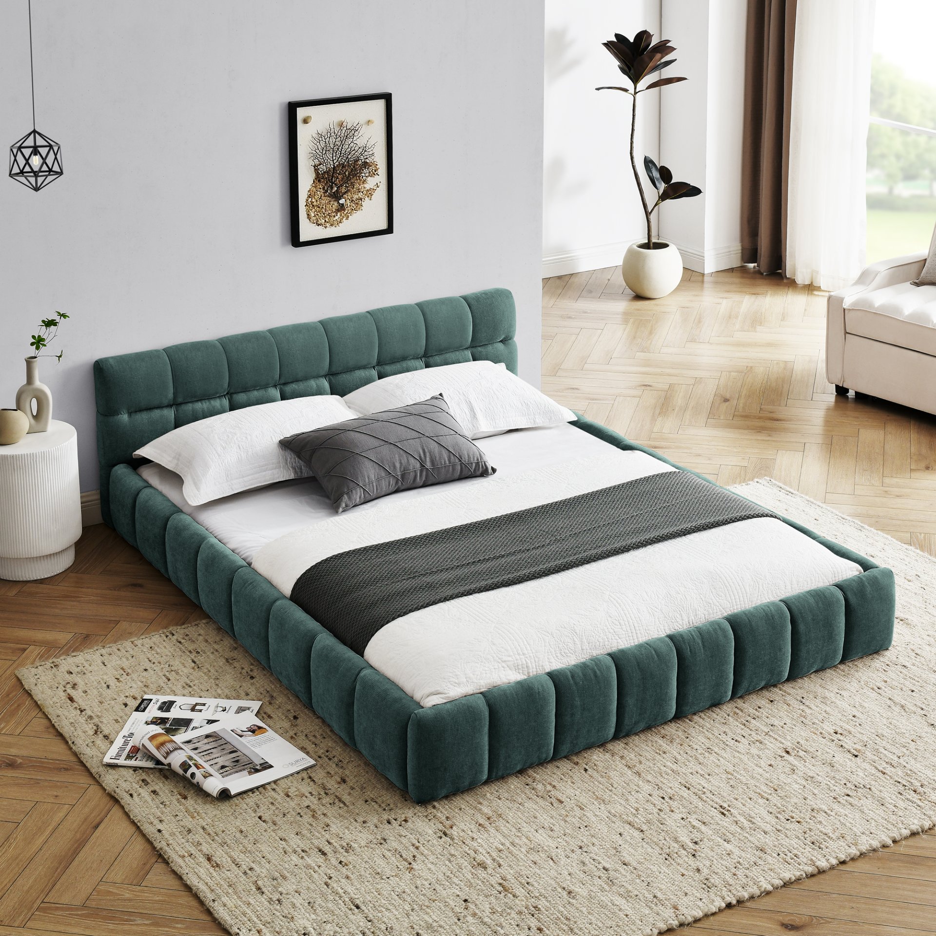 Queen Size Upholstered Bed Frame With Headboard - Blue / Green - Image 4
