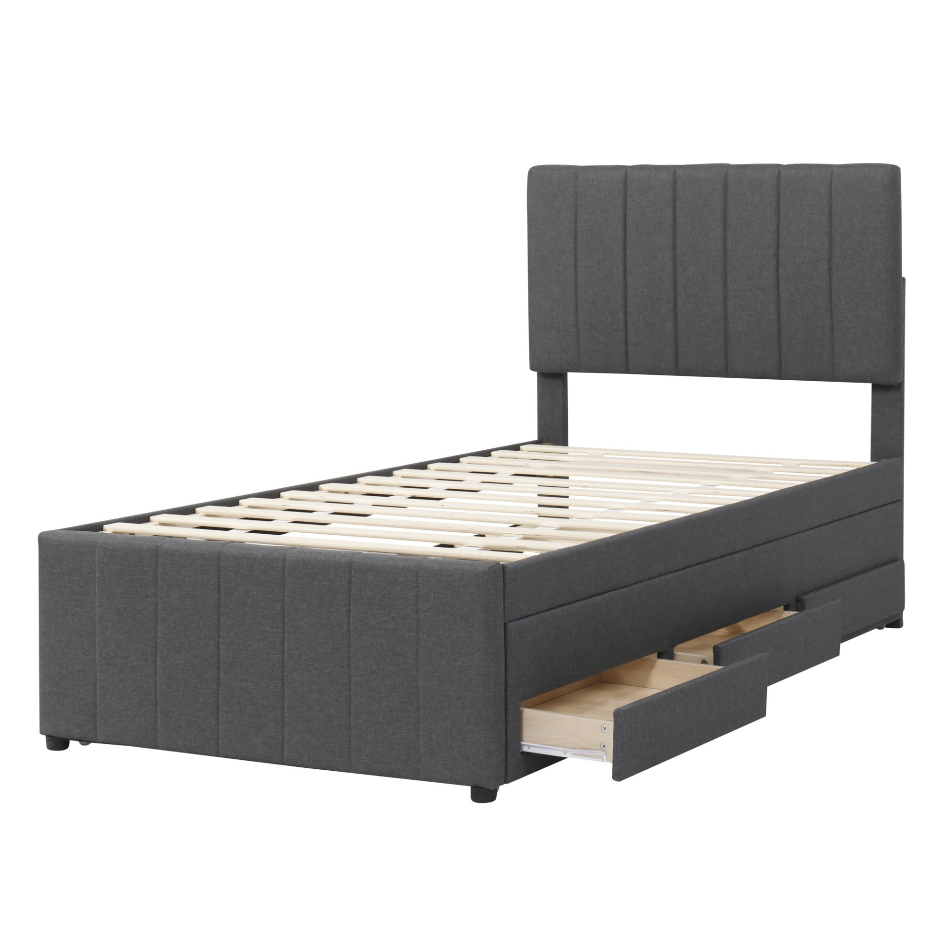 Twin Size Upholstered Platform Bed With Trundle And 3 Drawers - Gray - Image 4