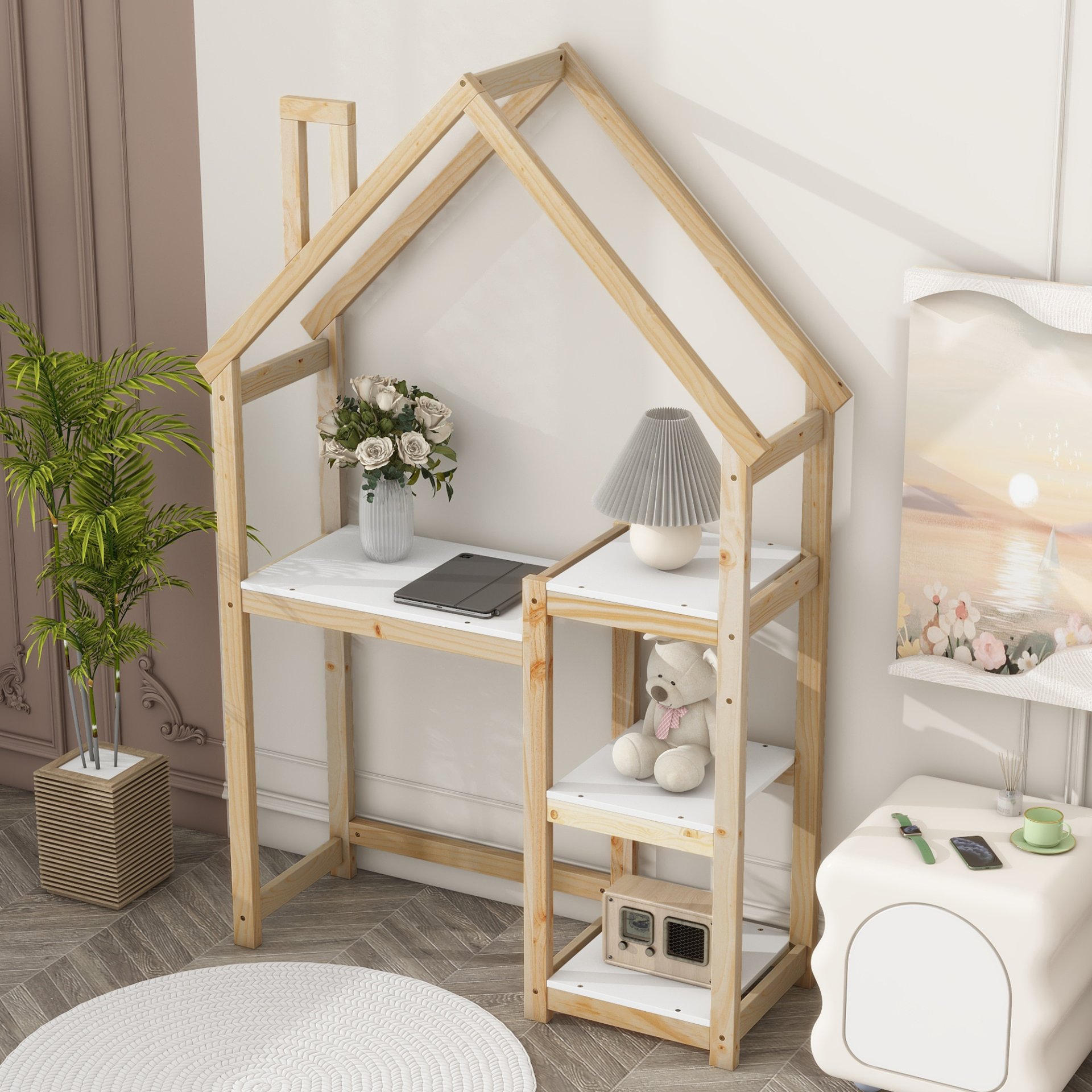 House-Shaped Wooden Writing Desk, Kids Study Table, Bookshelf & Toy Storage - Natural - Image 2