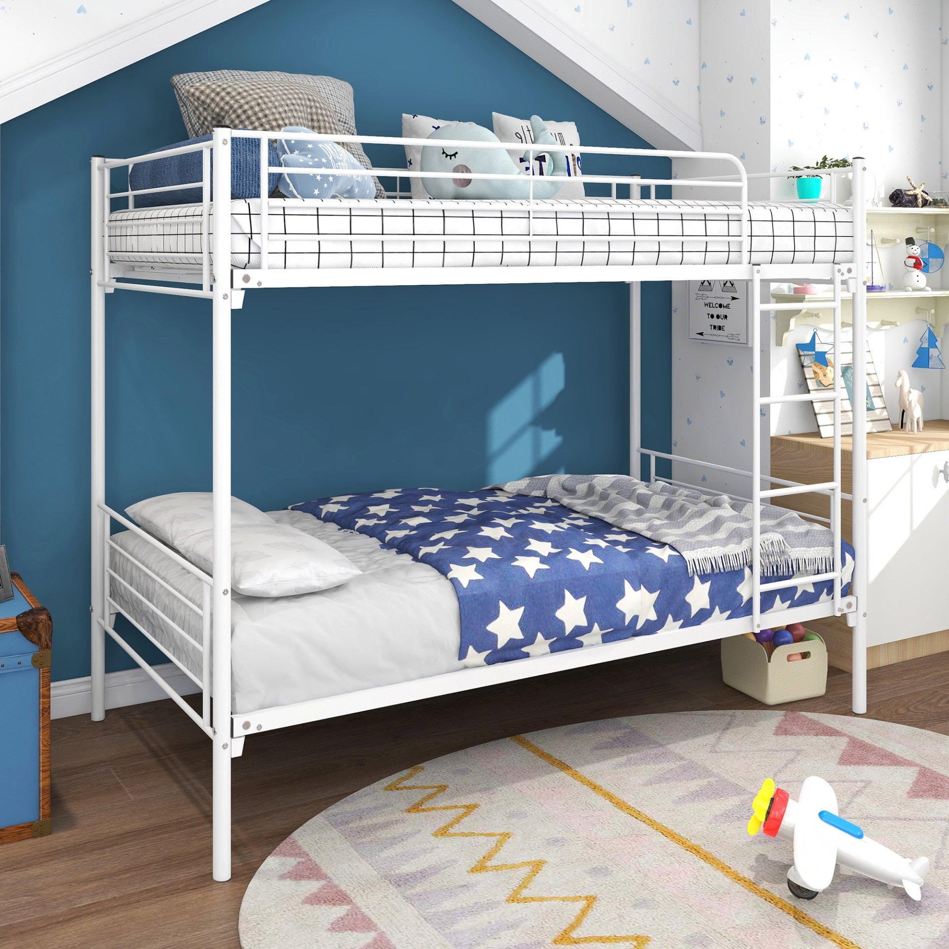 Twin Over Twin Bunk Bed With Metal Frame And Ladder, Space Saving - White - Image 4