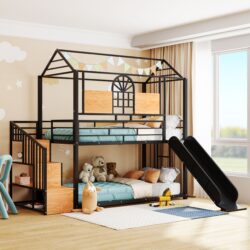 Twin Over Twin Bunk Bed, Housebed With Slide And Storage Stair - Black