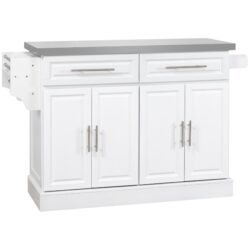 Homcom - Rolling Kitchen Island With Storage, Portable Kitchen Cart With Stainless Steel Top, 2 Drawers, Spice, Knife And Towel Rack And Cabinets - White