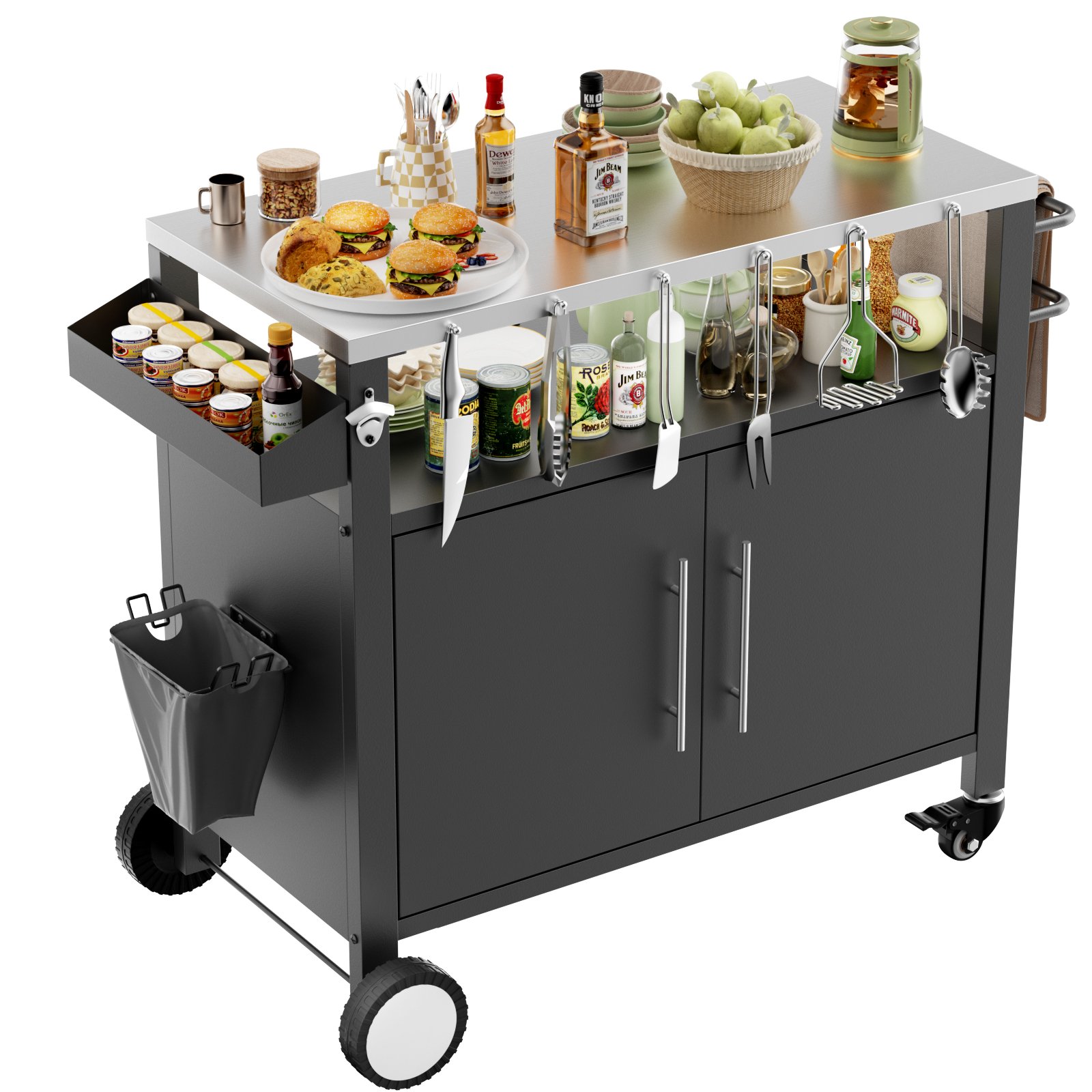 Outdoor Grill Cart With 2 Doors And Patio Furniture Stainless Steel Tabletop - Black / Silver - Image 4