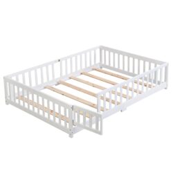 Full Size Floor Bed With Door And Safety Guardrails For Children - White