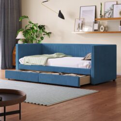 Twin Size Corduroy Daybed With Two Drawers And Slat - Blue