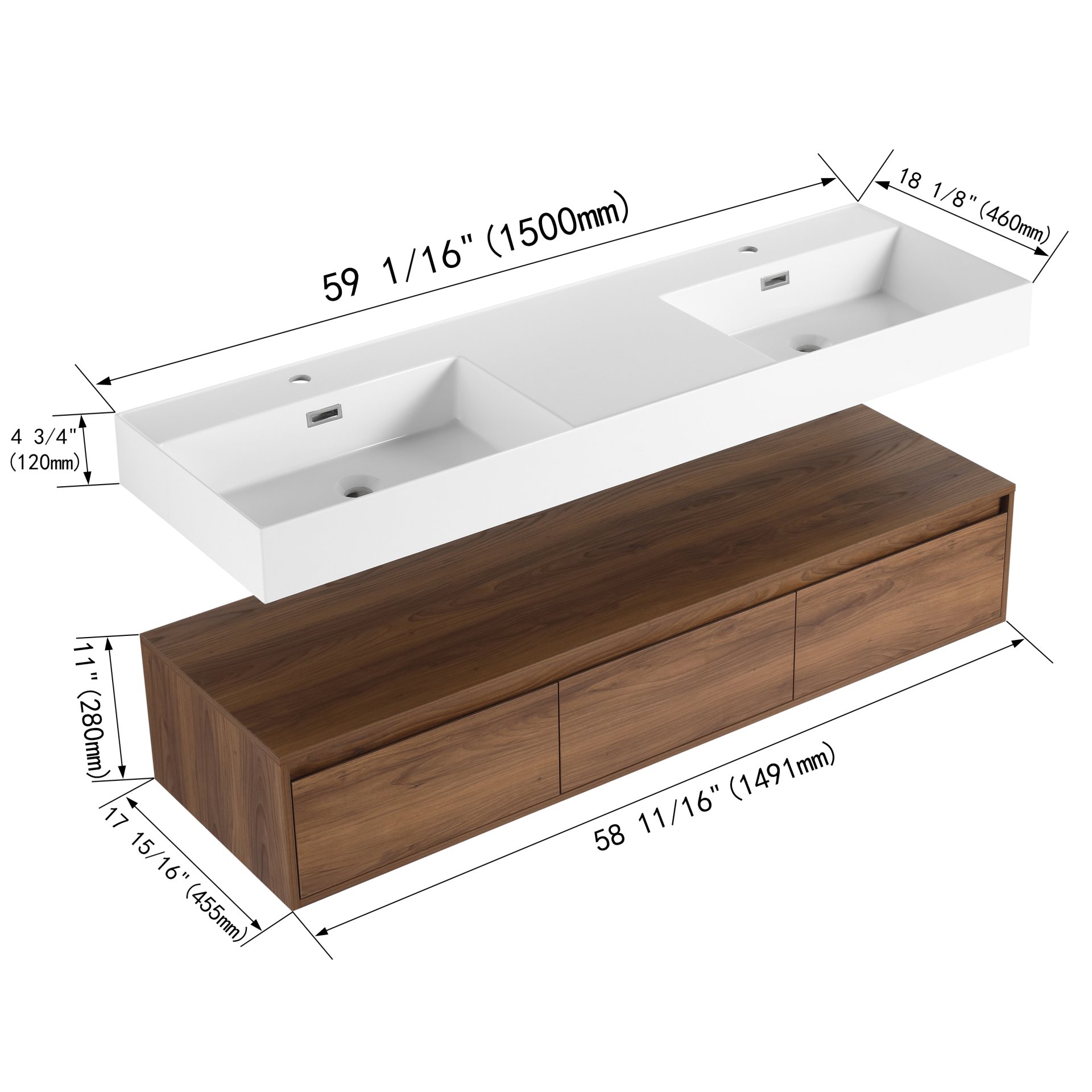 Modern Wall Mounted Bathroom Vanity With Dual Resin Sink And Soft Close Drawers - Brown Ebony - Image 3