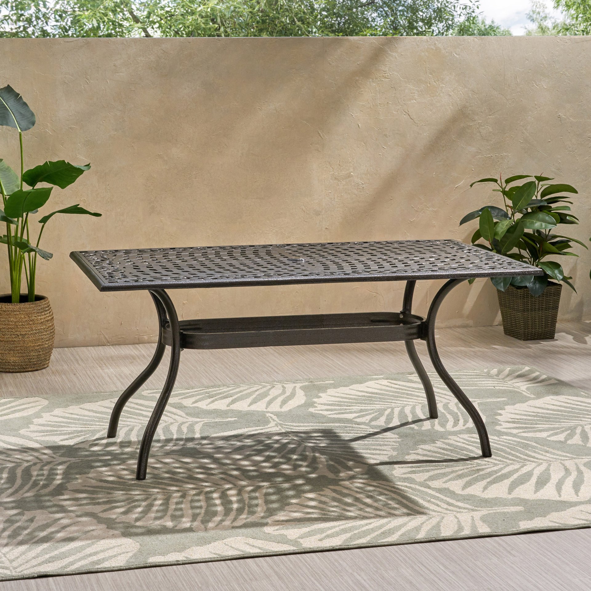 Celestine - Outdoor Cast Aluminum Dining Table With Floral Lattice Design And Umbrella Holder - Bronze - Image 9