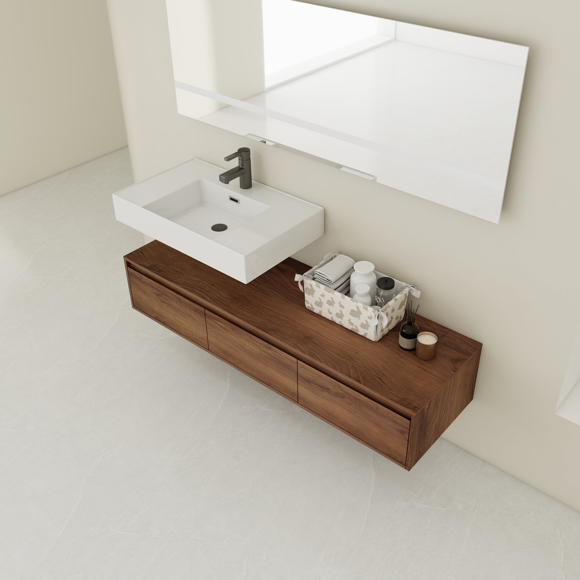 Modern Wall Mounted Bathroom Vanity With Resin Sink And Soft Close Drawer - Brown Ebony - Image 4