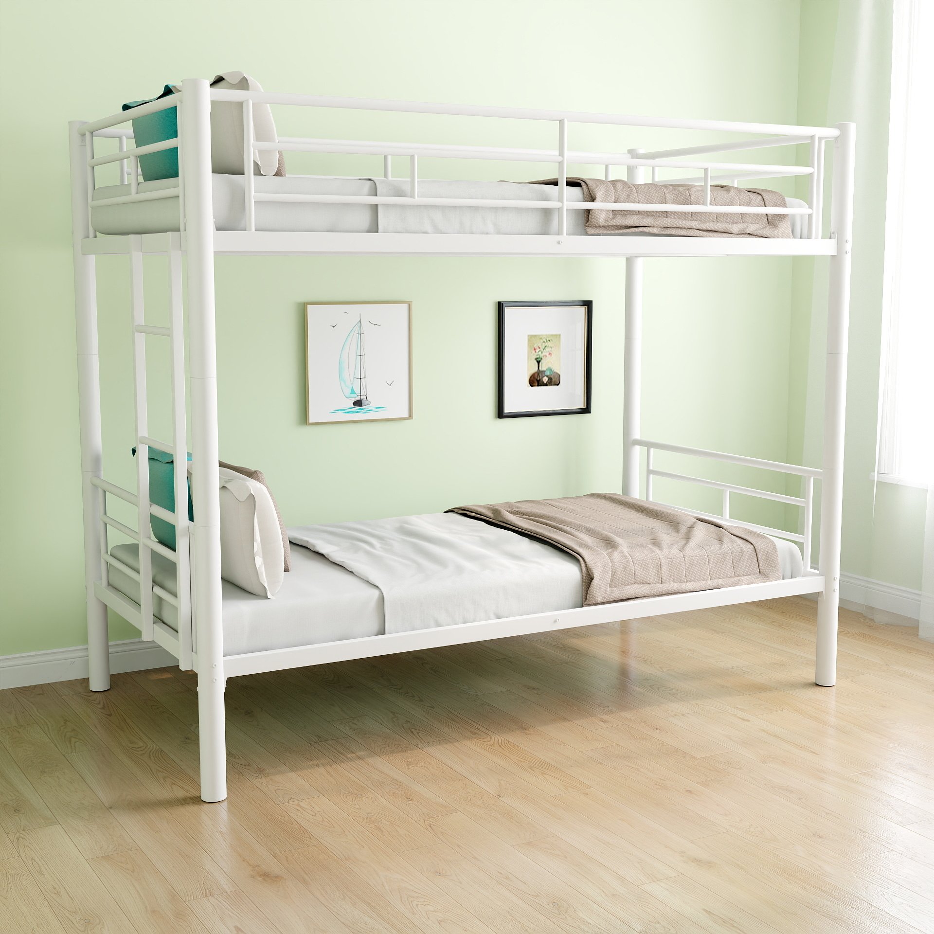 Twin Over Twin Bunk Bed With Ladder, High Guardrail, Storage, Noise Free - White - Image 2
