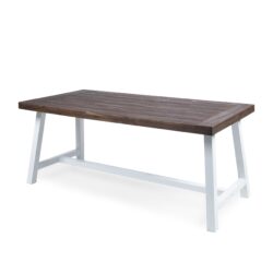 Outdoor Sandblast Acacia Wood Dining Table With Rustic Metal Frame, Weather Resistant - Brown White