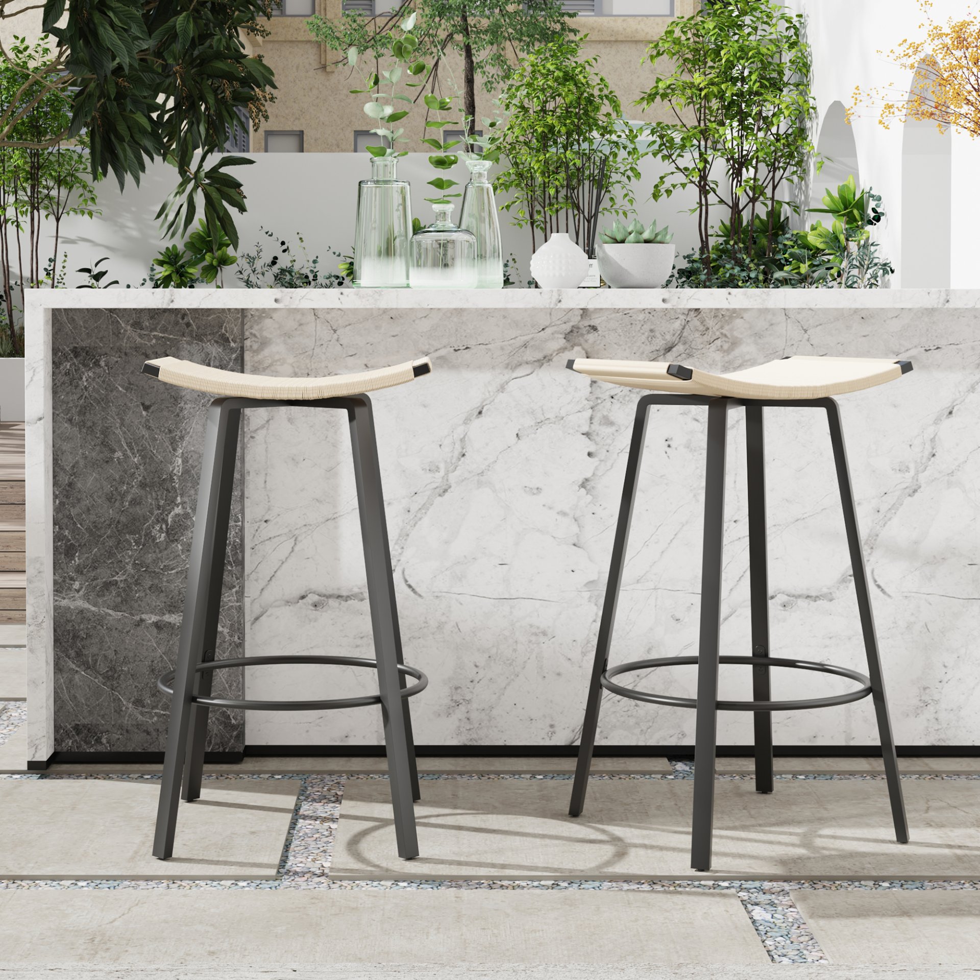 Counter Height Bar Stools Backless Handwoven Kitchen Dining Chairs With Round Footrest (Set of 2) Weaving Pub Stoo - Creamy White - Image 5