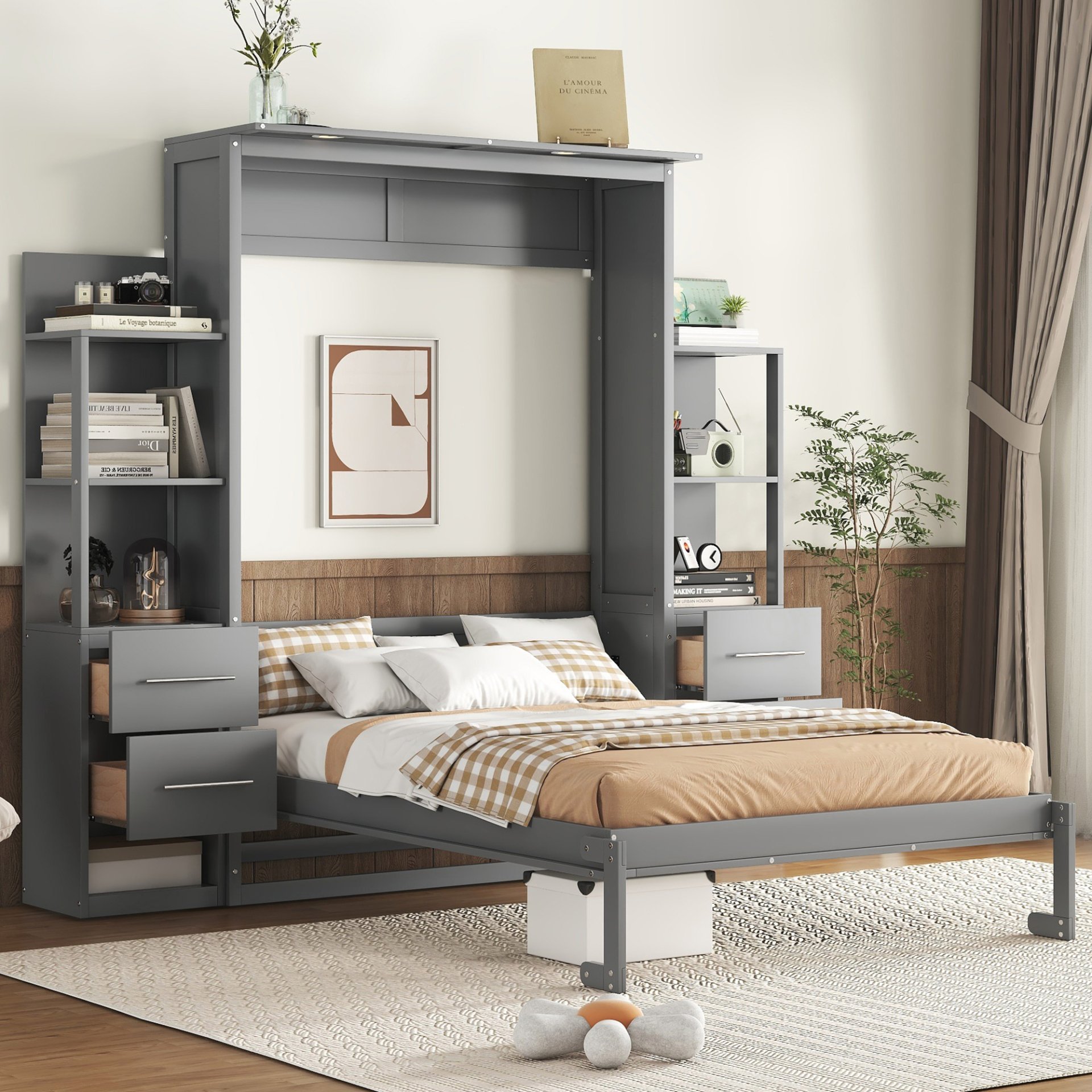 Full Size Murphy Wall Bed & Shelves, Drawers And LED Lights - Gray - Image 2