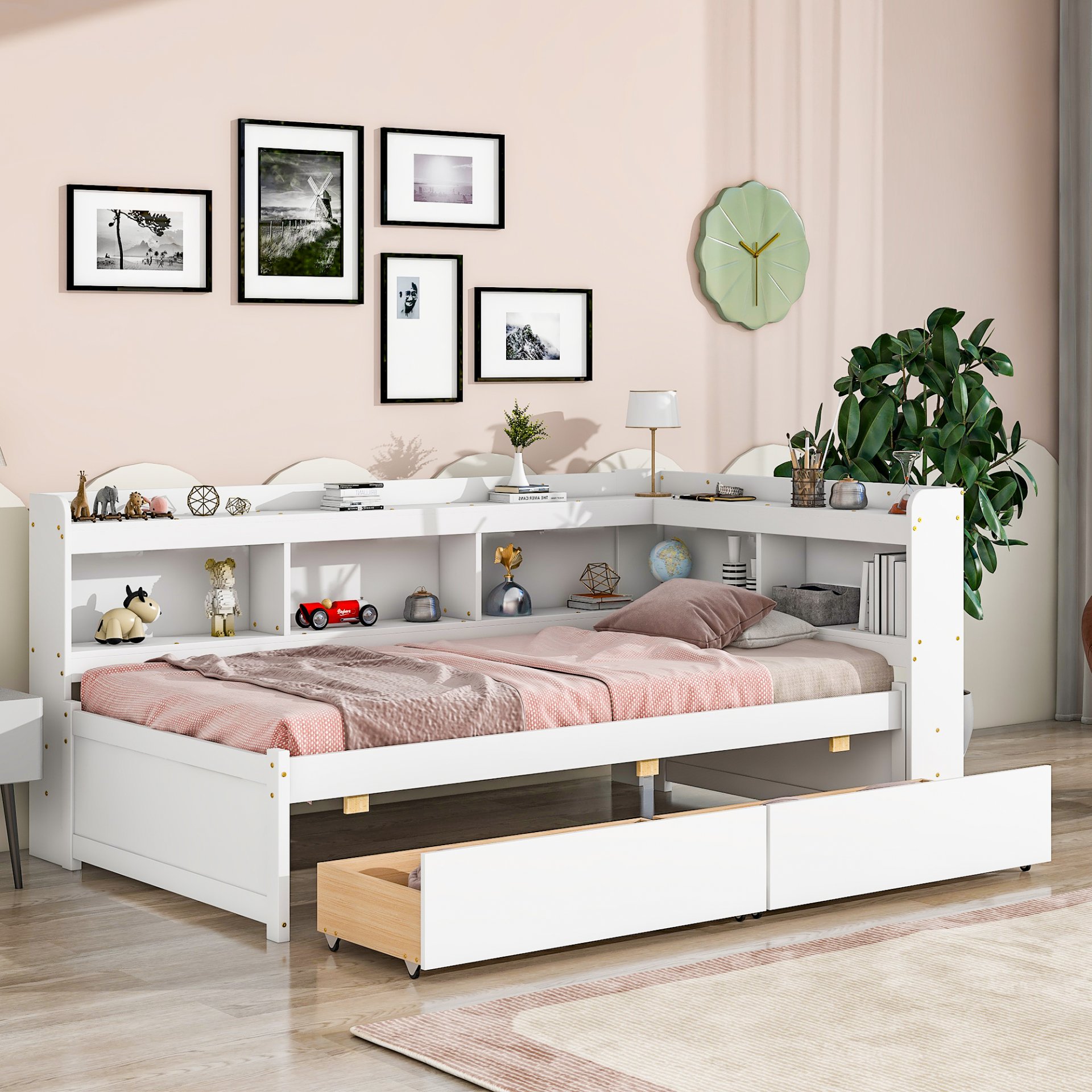Twin Bed With L-Shaped Bookcases, Drawers - White - Image 3