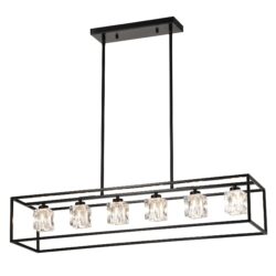 6 Light Farmhouse Chandelier, Modern Industrial Linear Rectangular Crystal Pendant Light Cage Chandelier For Dining Room, Kitchen Island, Bar, Long Table, G9*6 Bulbs Included - Matte Black