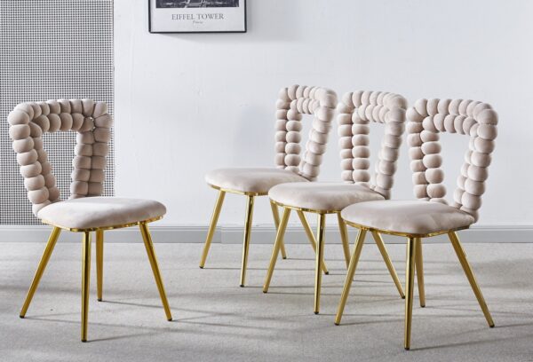 Modern Chair With Iron Tube Legs, Soft Cushions And Comfortable Backrest, Suitable For Dining Room, Living Room, Cafe, Hairball Back (Set of 4) - White / Gold