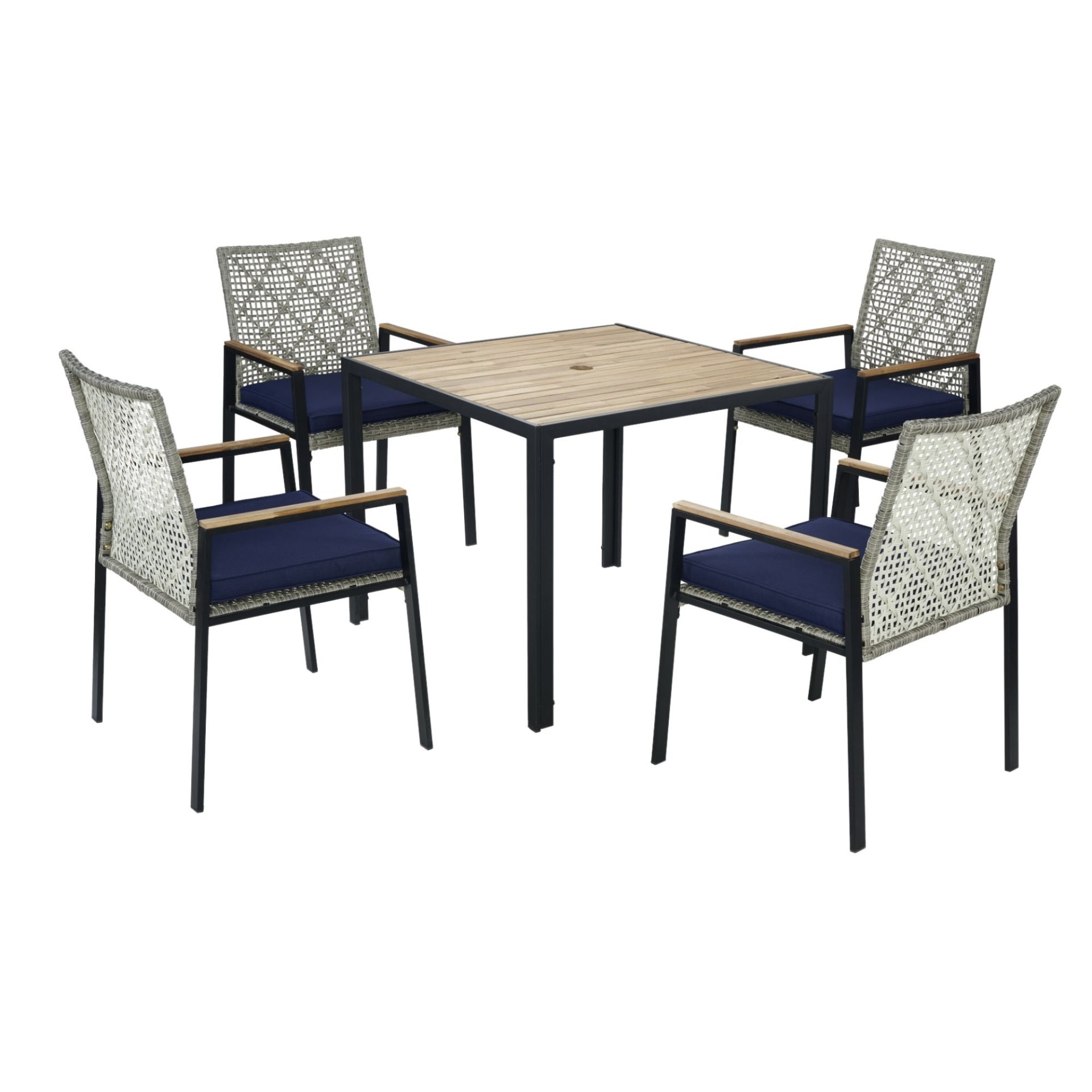All Weather 5 Piece Patio Dining Table Sets With Acacia Wood Top And Umbrella Hole, Rattan Outdoor - Light Gray - Image 14