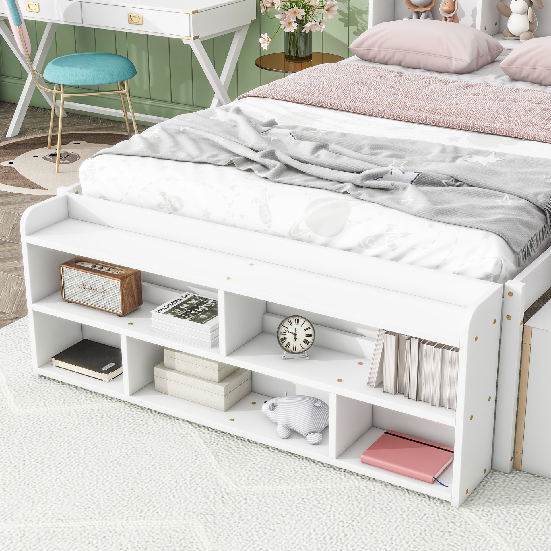 Full Bed With Bookcase Headboard, Under Bed Storage Drawers And Bed End Storage Case - White - Image 5