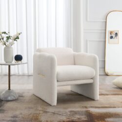 Arm Chair With Waved Arms, Metal Decoration On Both Side Arms, Accent Chair For Primary Living Space, Living Room, Bedroom, Teddy Fabric - White