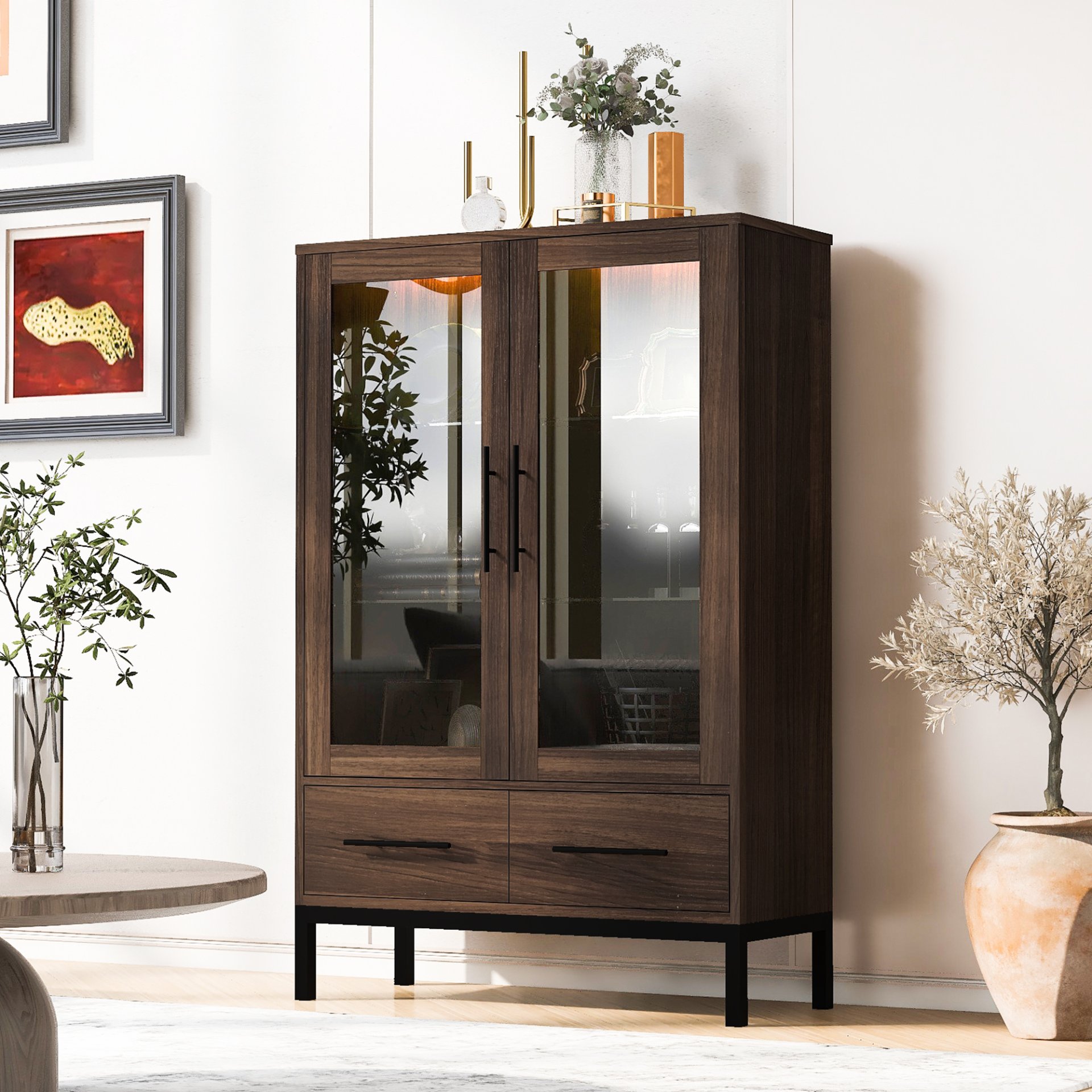Modern Style Tall Display Cabinet With LED Lighting, Tempered Glass Door, 2 Drawers - Black / Dark Walnut - Image 2