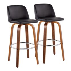 Toriano - Mid-Century Modern Fixed Height Barstool With Swivel With Round Footrest (Set of 2) - Walnut / Black