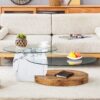 Contemporary Artistic Double Layer Coffee Table Marble And Wood Grain Collision - Transparent / White - Image 6