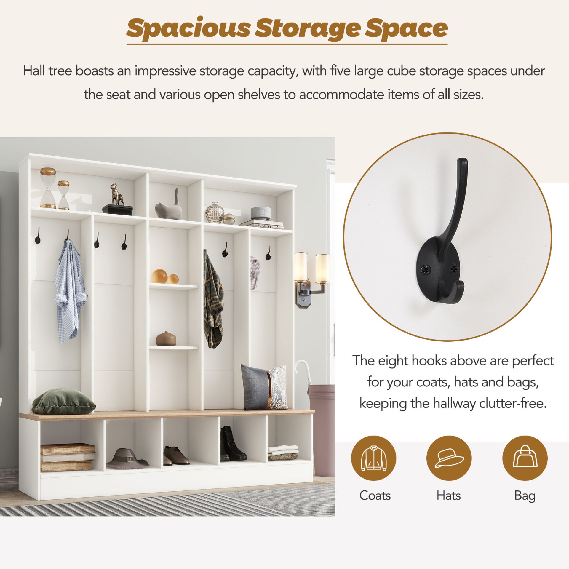 Wide Design Hall Tree With Storage Bench, Minimalist Shoe Cabinet With Cube Storage & Shelves, Multifunctional Coat Rack With 8 Hooks For Entryways, Mudroom - White - Image 7