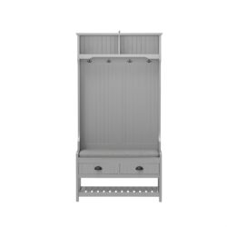 Modern 3 In 1 Hallway Hall Tree With Storage Drawers, Coat Rack, Shoe Rack Bench, And Cushion - Gray