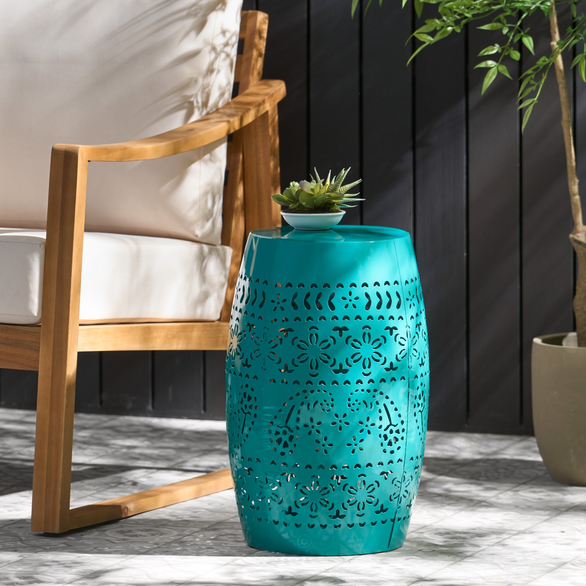 Outdoor Lace Cut Side Table - Teal - Image 8