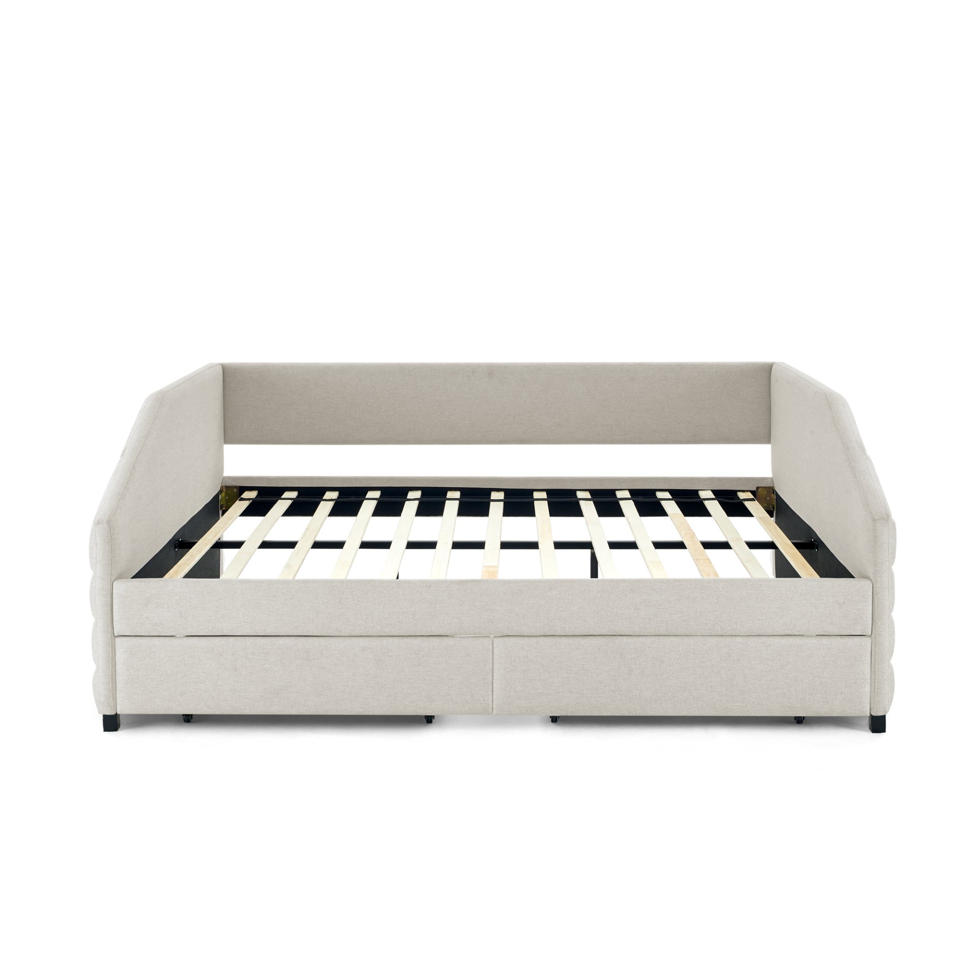 Tufted Upholstered Queen Size Daybed With 2 Drawers Trundle Linen Fabric - Beige - Image 11