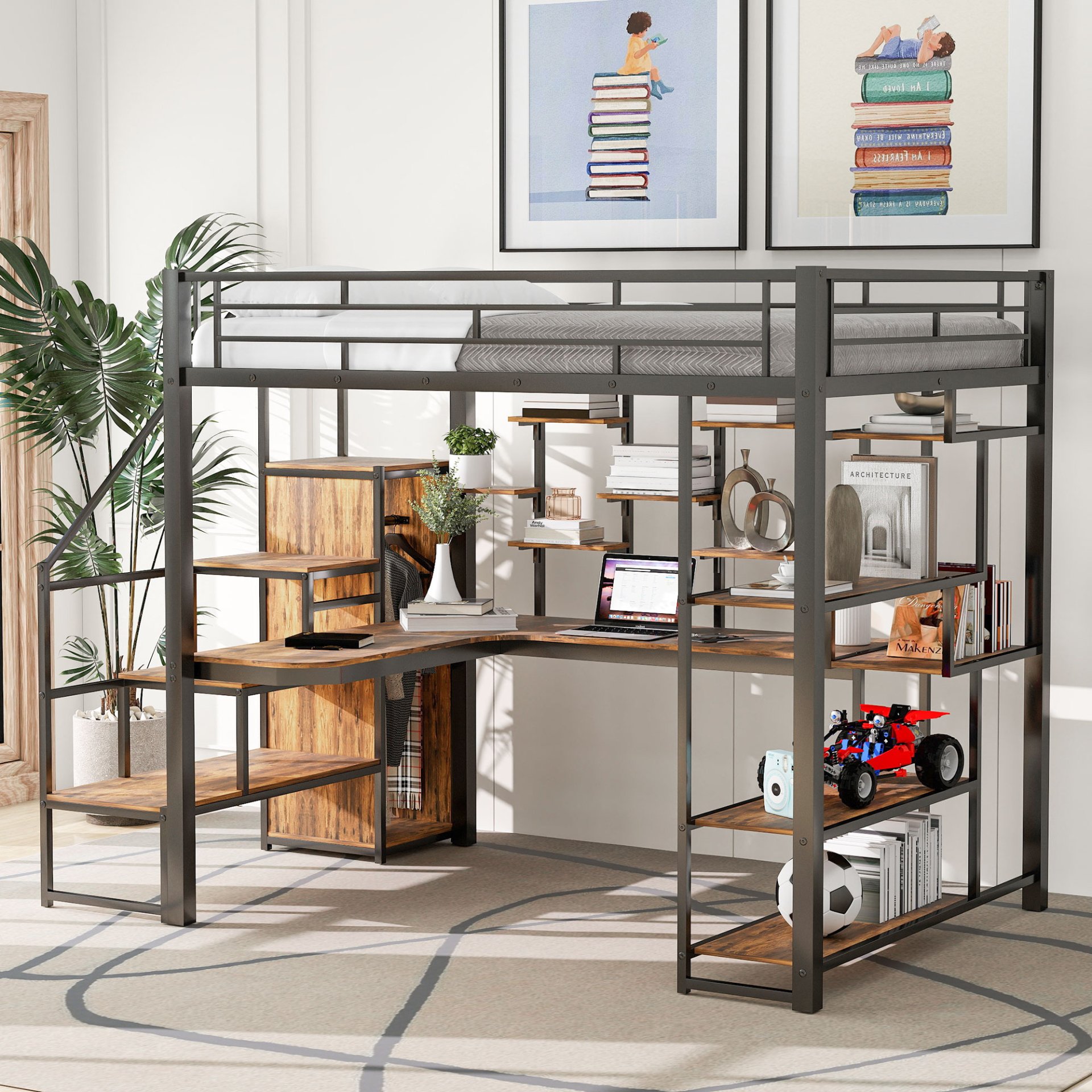Full Size Metal Loft Bed With Storage Staircase And Small Wardrobe, Built - In Desk And Storage Shelves - Black - Image 2