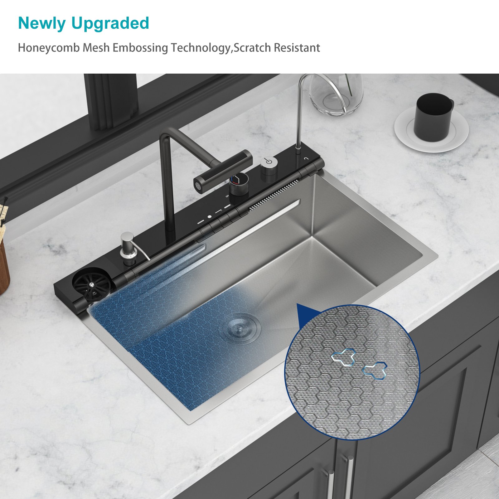30" Kitchen Sink Waterfall Single Bowl Ledge Workstation With Smart LED Faucet, 16 Gauge T304 - Brushed Nickel - Image 9