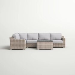 Wicker Outdoor Seating Set With Curved Arms, Plush Cushions, 4 Person - Grey Mix