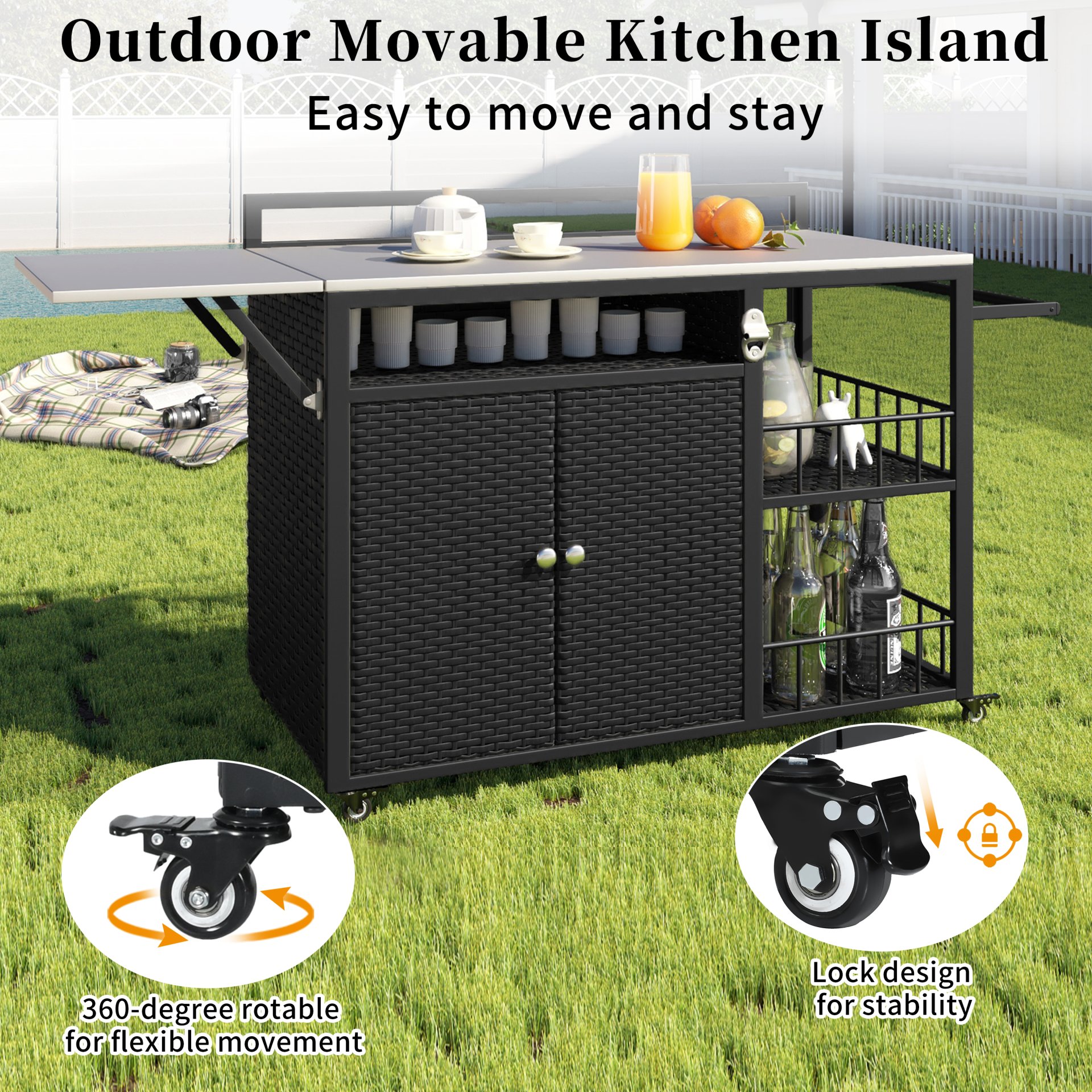 Outdoor Kitchen Island With Storage, Cooking Station, Grill Cart, Foldable Tabletop, And Bottle Opener - Dark Brown - Image 6