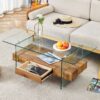 Modern 2 Tier Coffee Table Clear Tempered Glass And Wood Grain Multifunctional Storage Design - Natural Wood / Transparent - Image 4