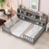 Full Floor Bed With Side Bookcase, Shelves, Guardrails - Gray - Image 2